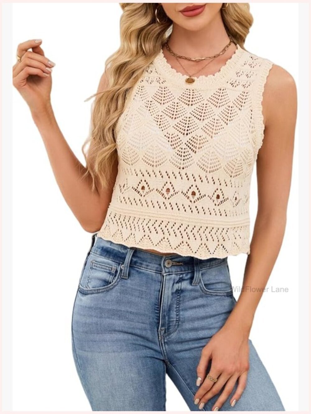 Women Sleeveless Crochet Knit Tank Top Scalloped Edge Openwork Crop Top Summer